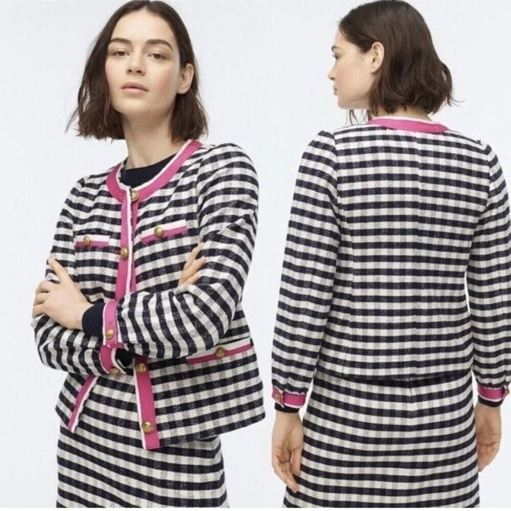 NWT J.Crew Grosgrain-trim Lady Jacket in Navy Ivory Check Gingham Tweed 8 - Picture 3 of 7
